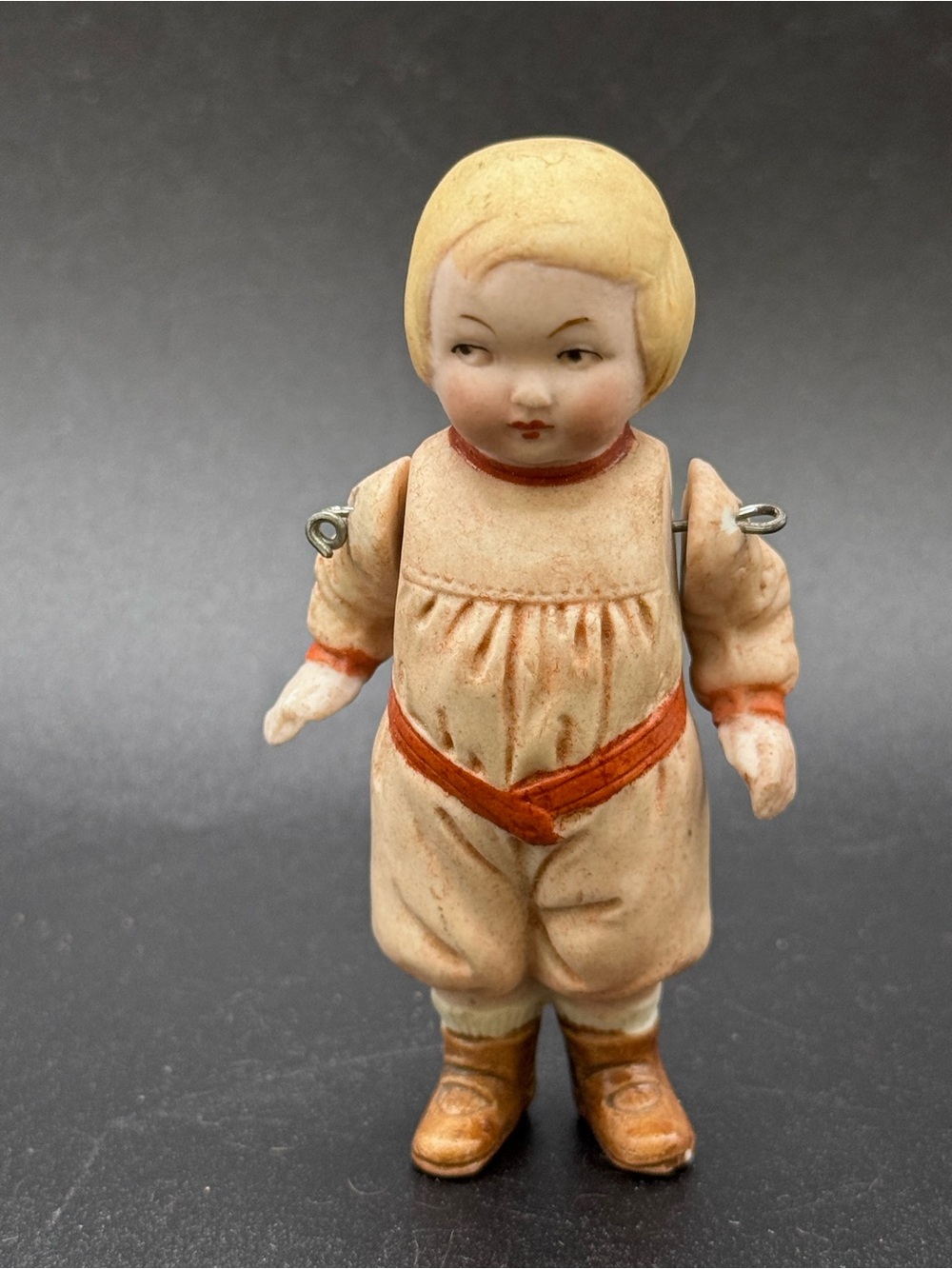 Antique Bisque 3.5” All Bisque Doll with Molded Clothes Germany  Orange Suit